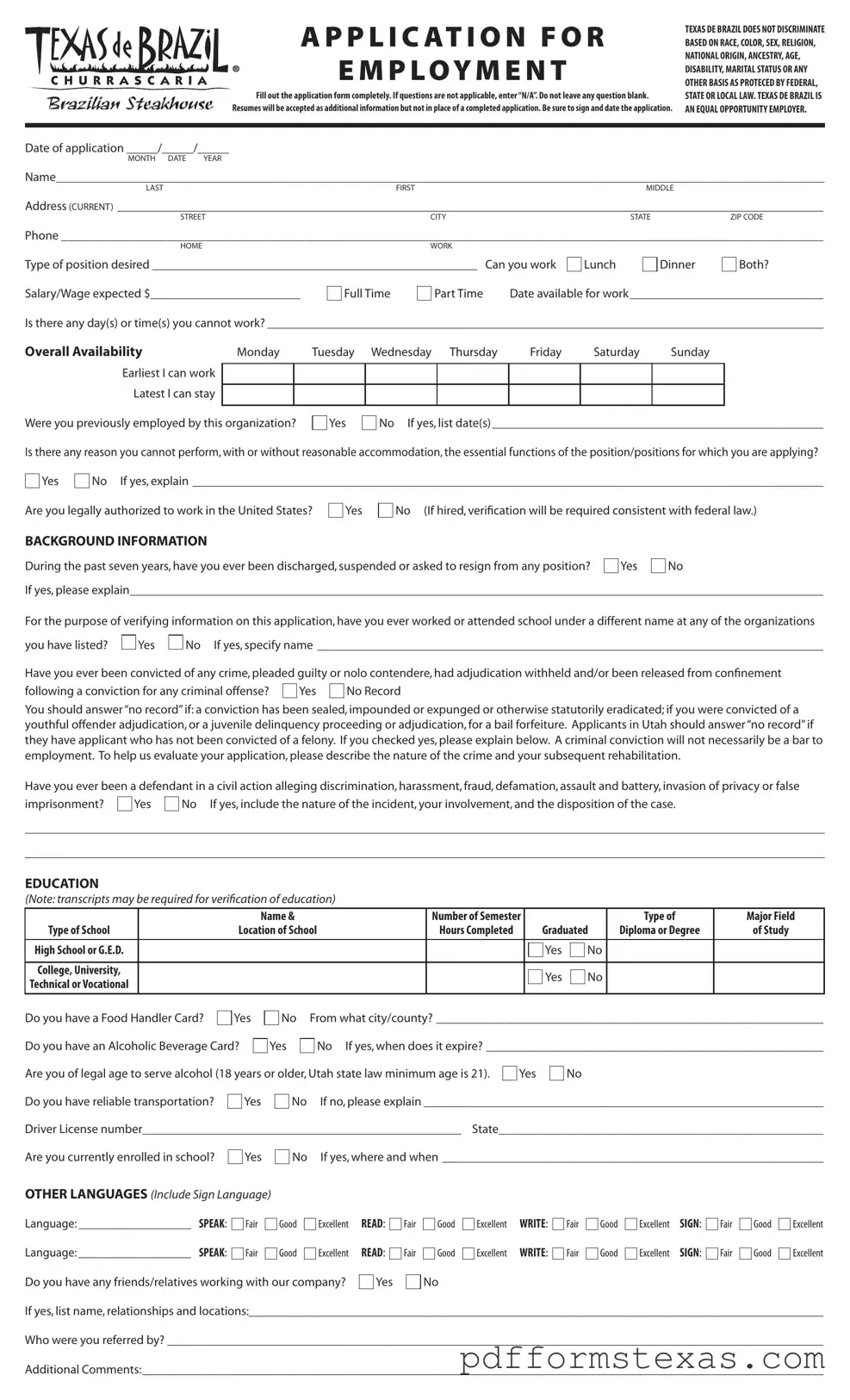 Get Application For Texas De Brazil Form