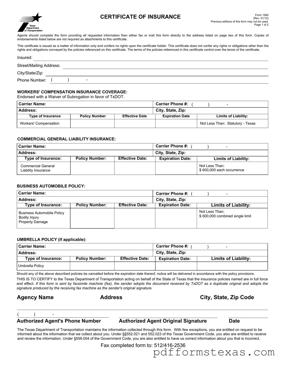Get Texas 1560 Form