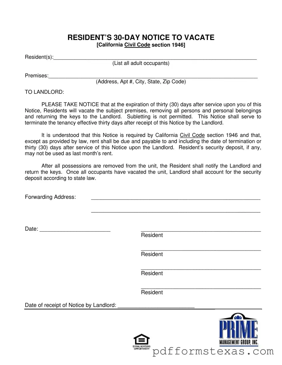 Get Texas 30 Day Notice To Vacate Form