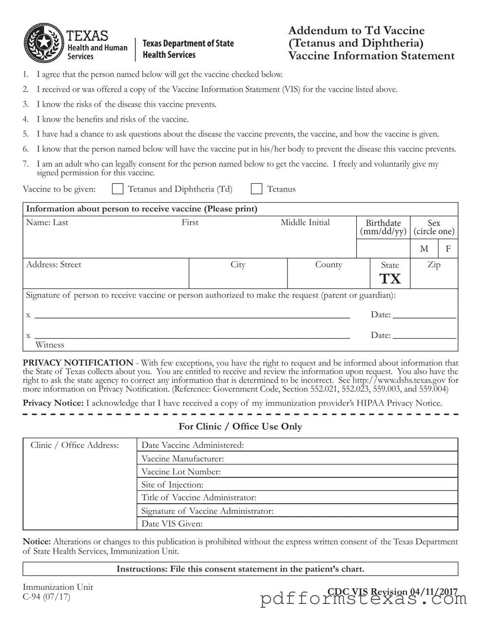 Get Texas Addendum To Tdap Vaccine Form