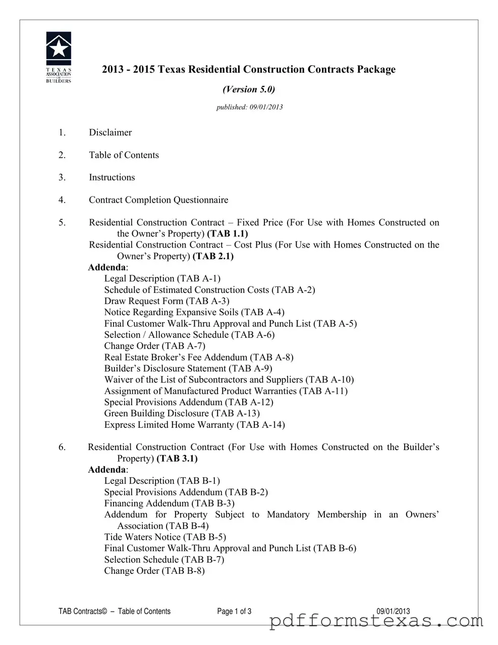 Get Texas Builders Association Fixed Cost Form