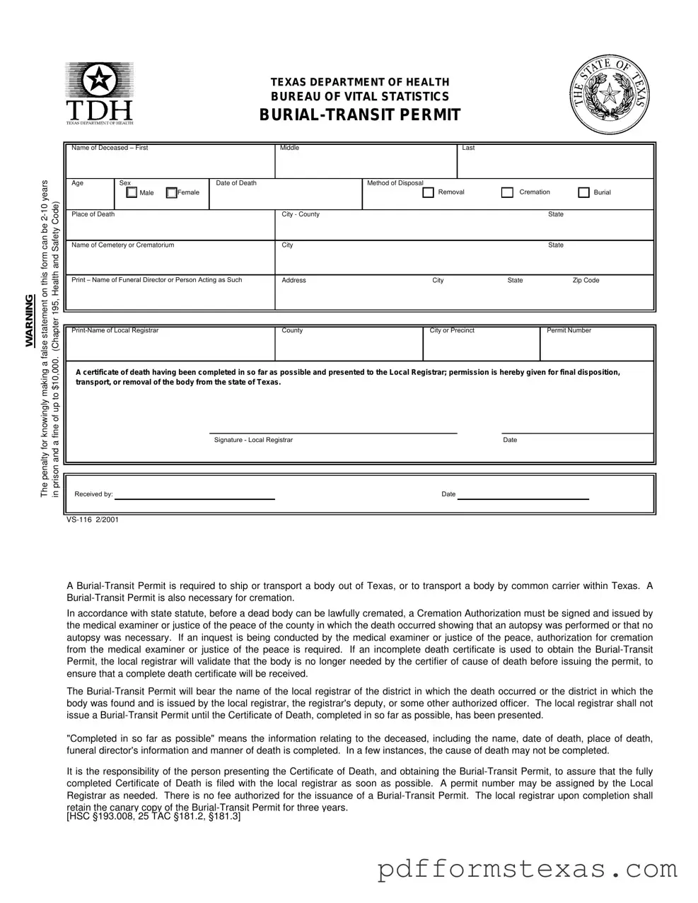 Get Texas Burial Transit Permit Form