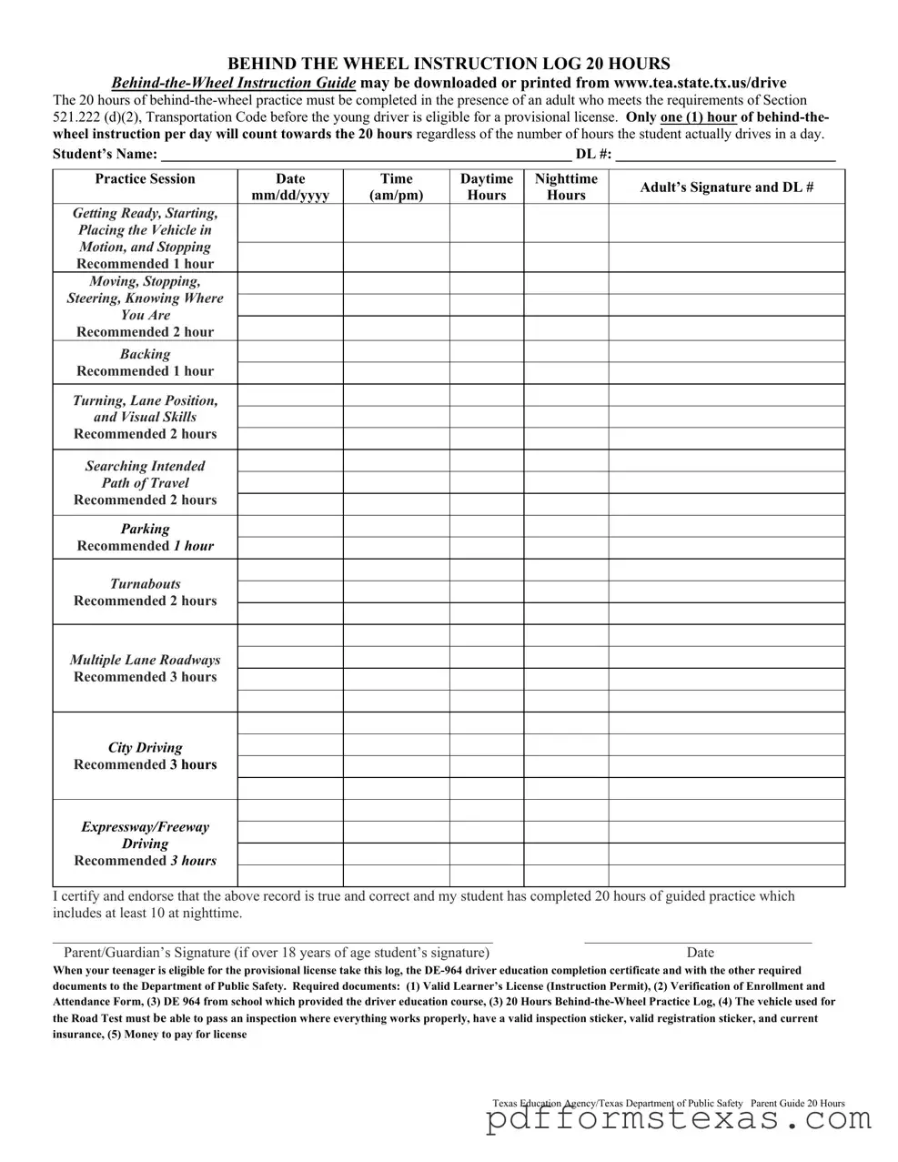 Get Texas Dps Driving Log Form