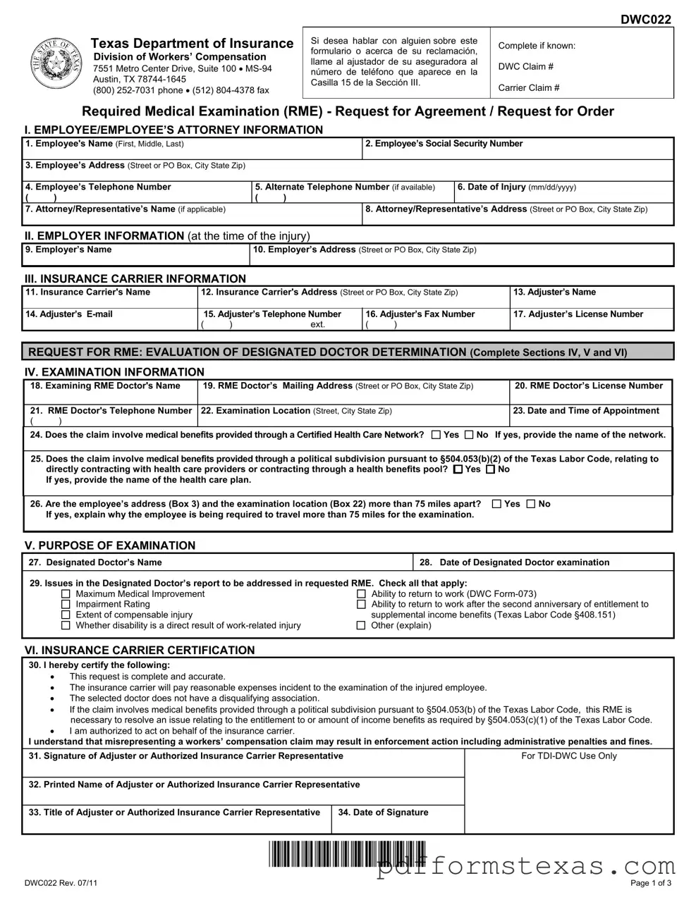 Get Texas Dwc022 Form