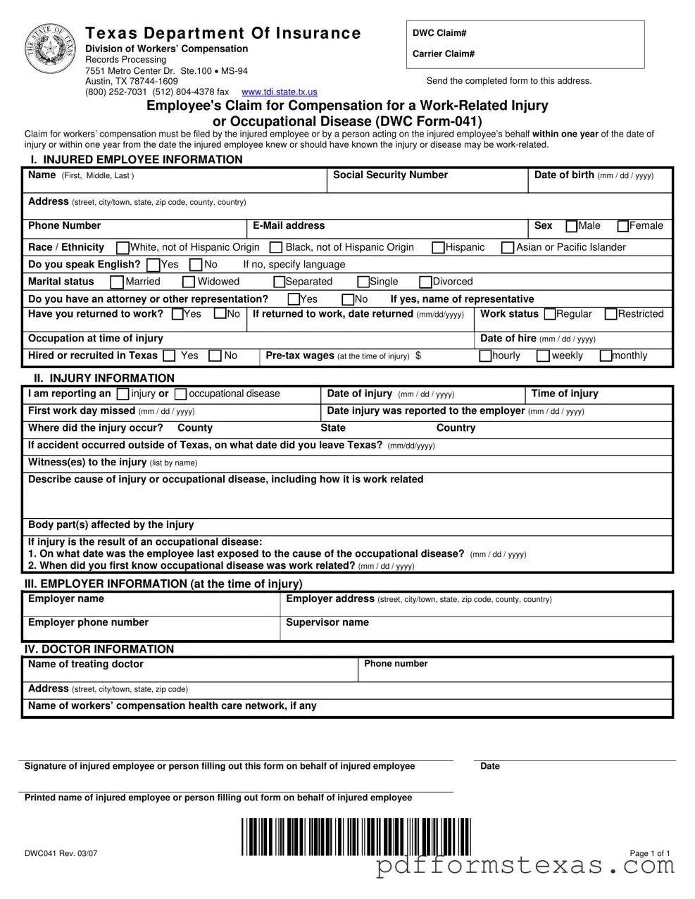 Get Texas Dwc041 Form