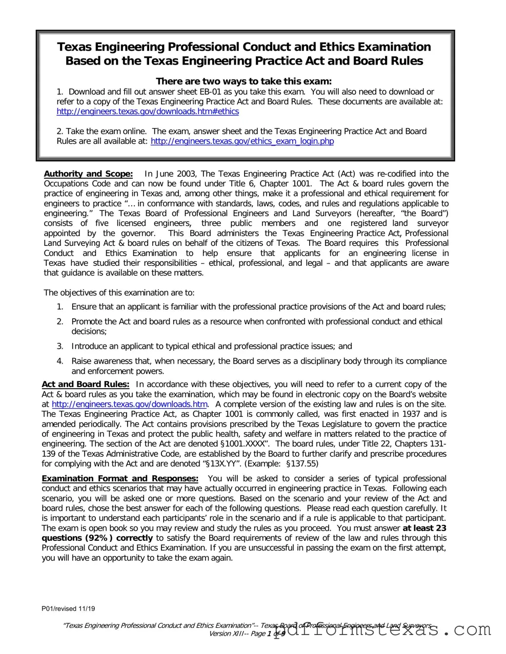 Get Texas Ethics Of Engineering Exam Form