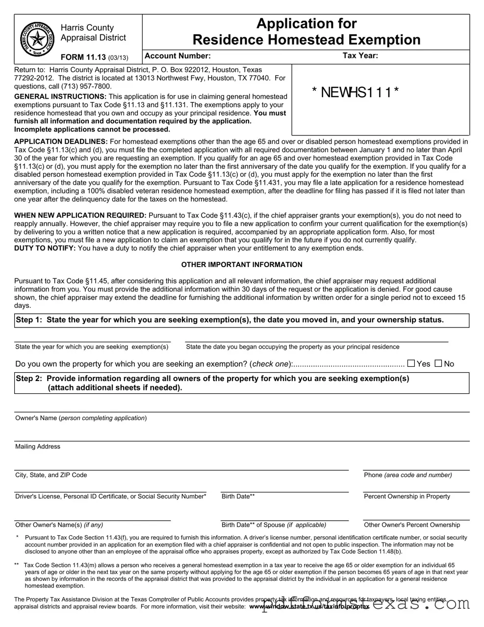 Get Texas Homestead Exemption Form