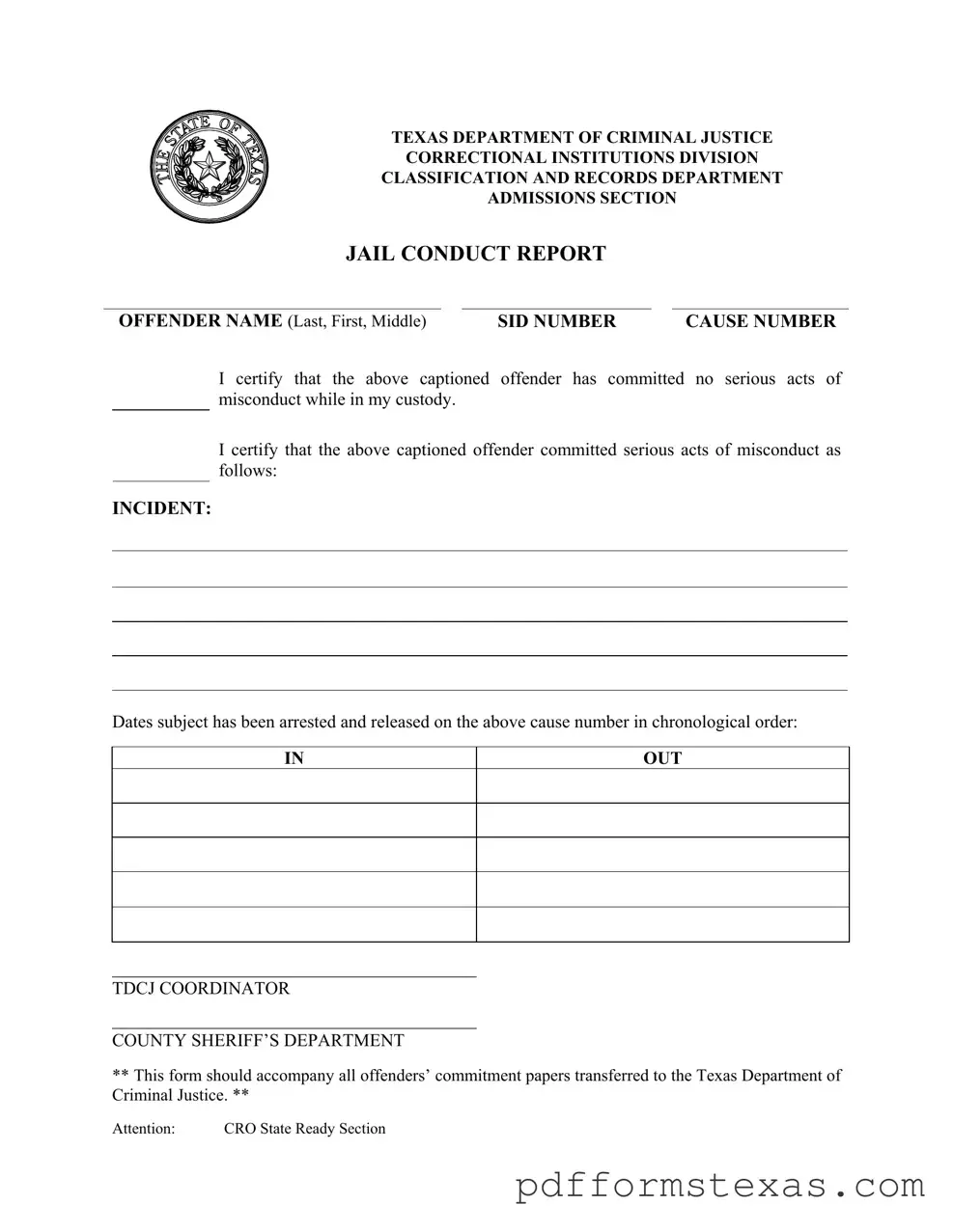 Get Texas Jail Conduct Report Form