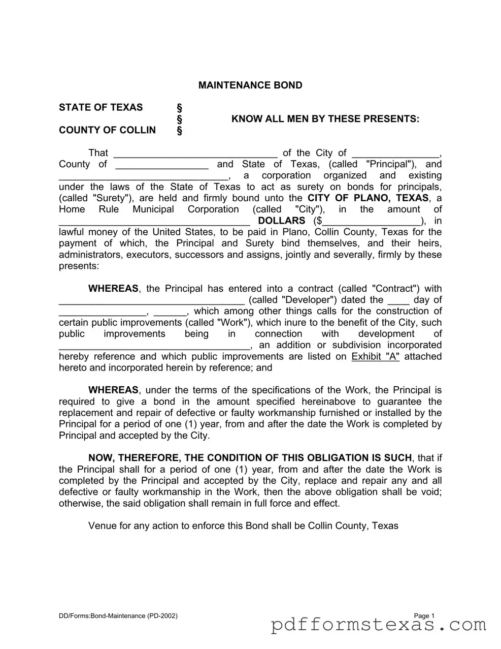 Get Texas Maintenance Bond Form