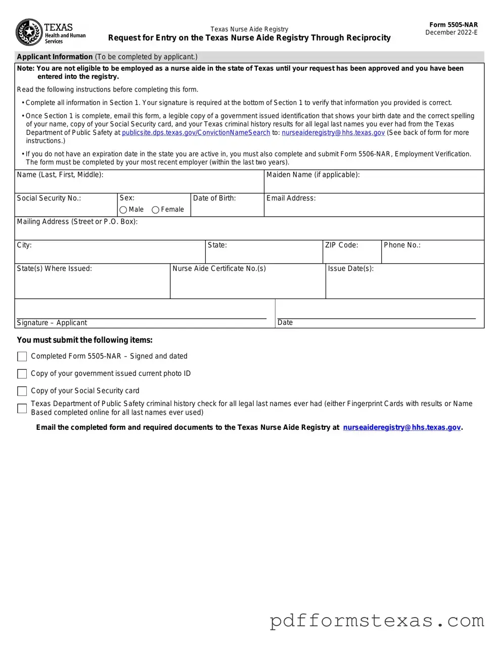 Get Texas Nurse Aide Registry 5505-NAR Form