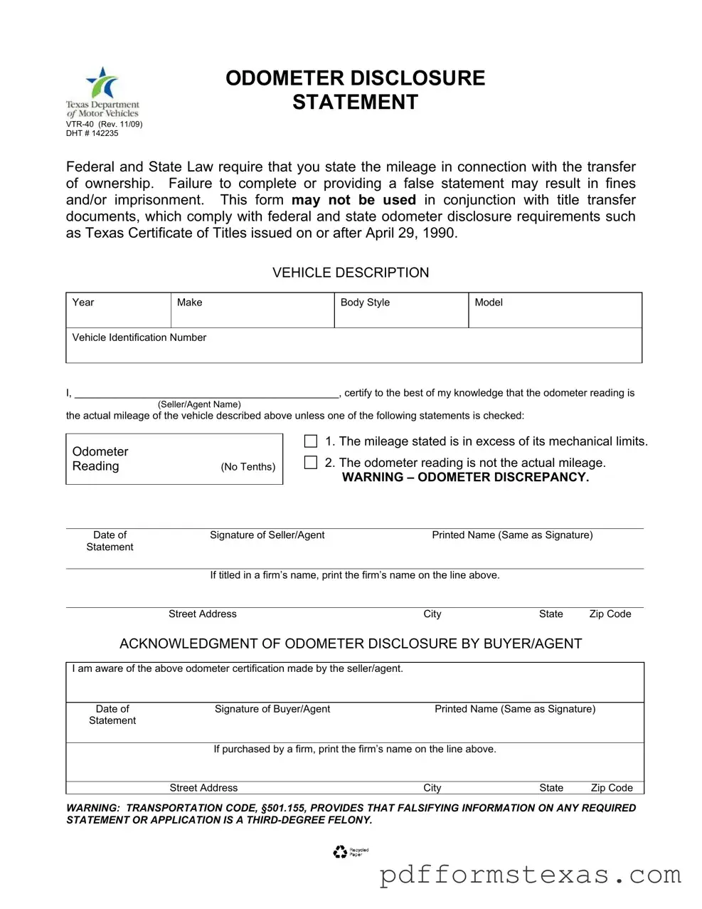 Get Texas Odometer Statement Form