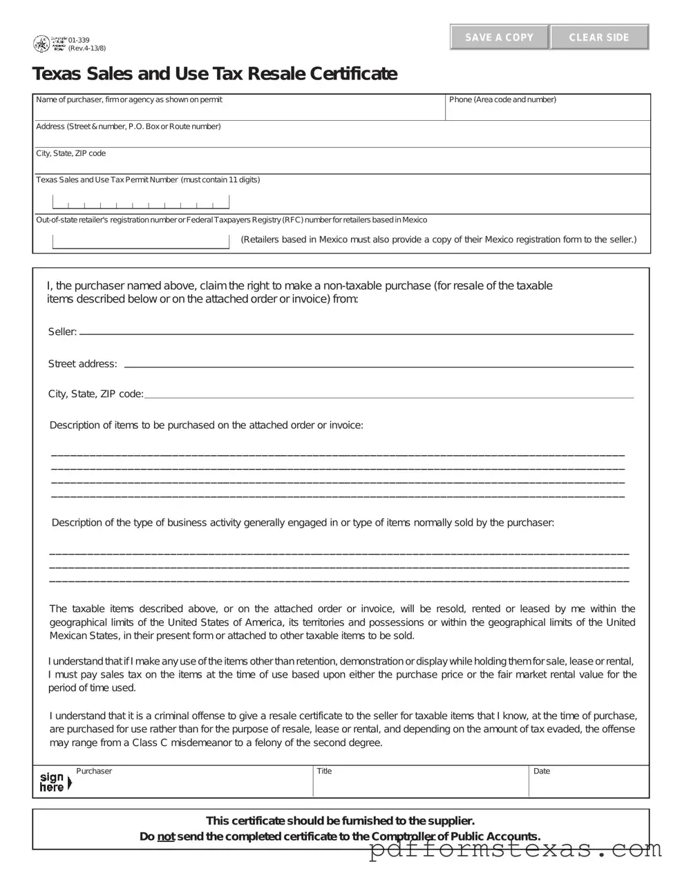 Get Texas Resale Certificate 01 339 Form