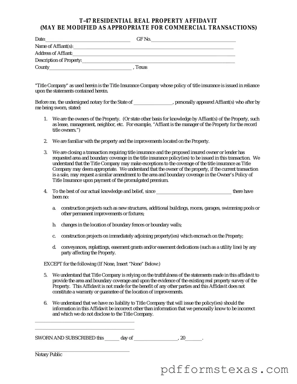 Get Texas residential property affidavit T-47 Form