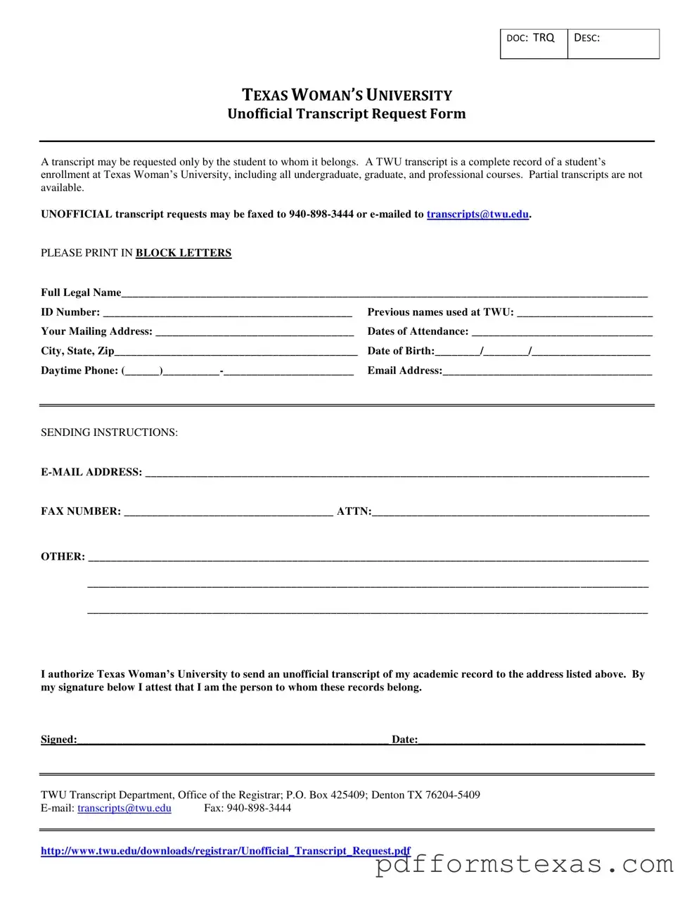Get Texas Unofficial Transcript Form