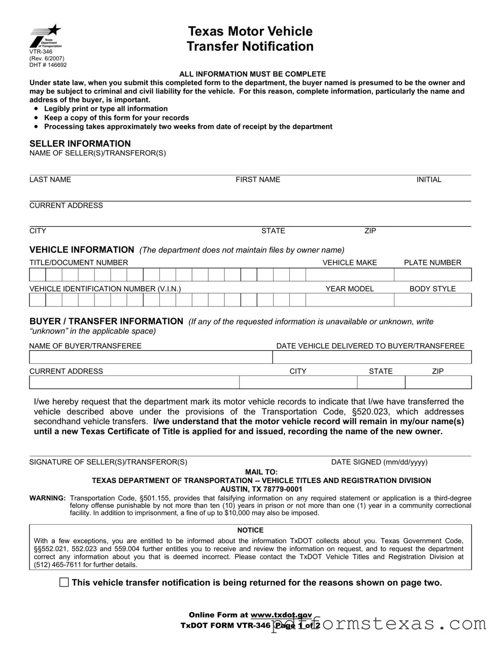Get Texas Vtr 346 Form